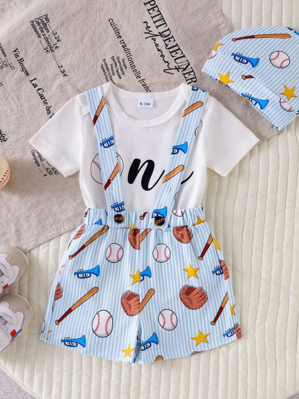 Children's Baseball Bodysuit And Suspender Set in Light Blue, side view