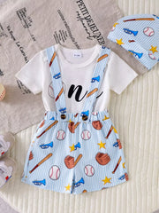 Children's Baseball Bodysuit And Suspender Set in Light Blue, side view