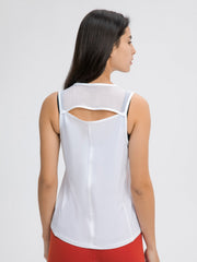 White mesh-back performance tank top with cutout detail and racerback style.