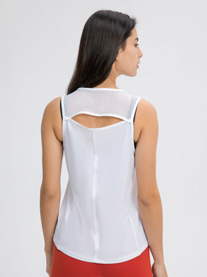 White mesh-back performance tank top with cutout detail and racerback style.
