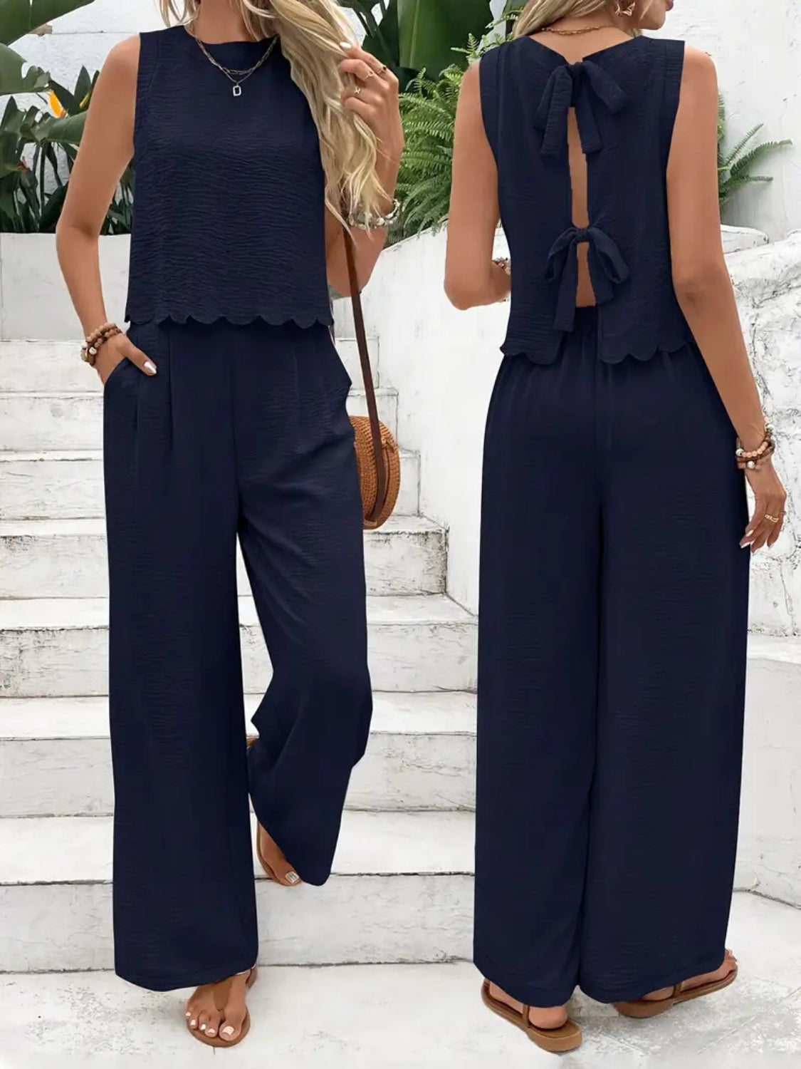 Dark blue linen lounge set with scalloped trim and back bow detail