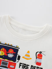 White cotton crew neck toddler tee with playful fire truck graphic and fire extinguisher.