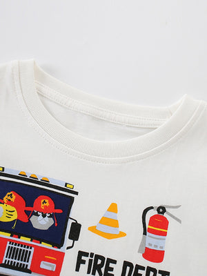 White cotton crew neck toddler tee with playful fire truck graphic and fire extinguisher.