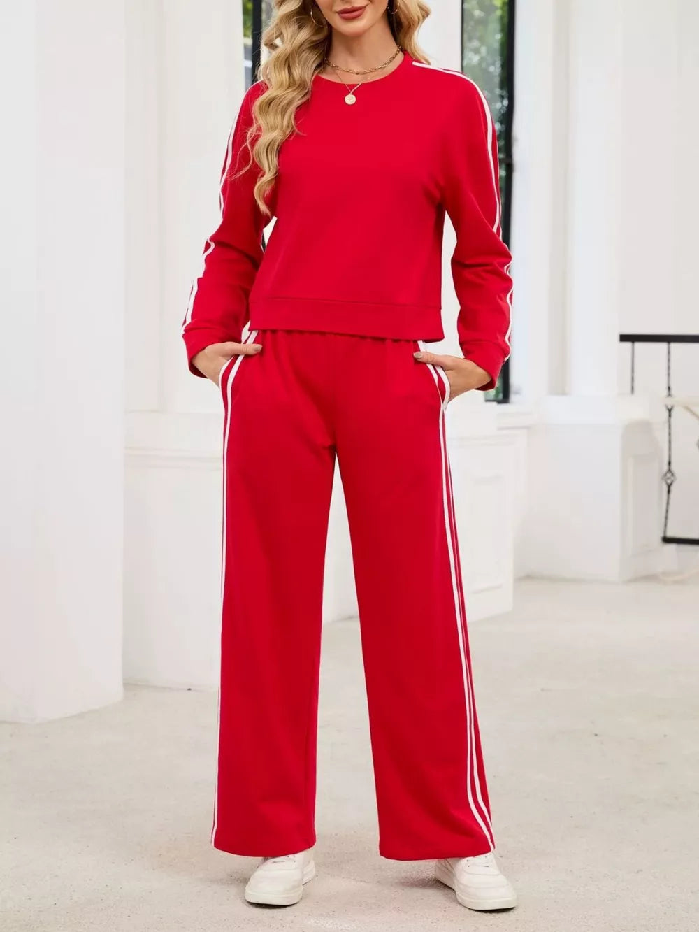 Striped Round Neck Sweatshirt And Pants Set in Black, view 13