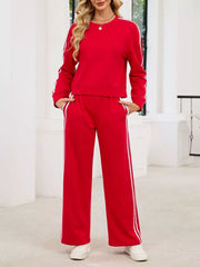 Striped Round Neck Sweatshirt And Pants Set in Black, view 13
