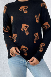 Black acrylic mock neck sweater with all-over brown mushroom print.