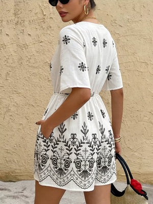 Printed Surplice Half Sleeve Romper in White, close-up detail