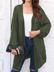 Army green cable knit cocoon cardigan with open front and balloon sleeves.