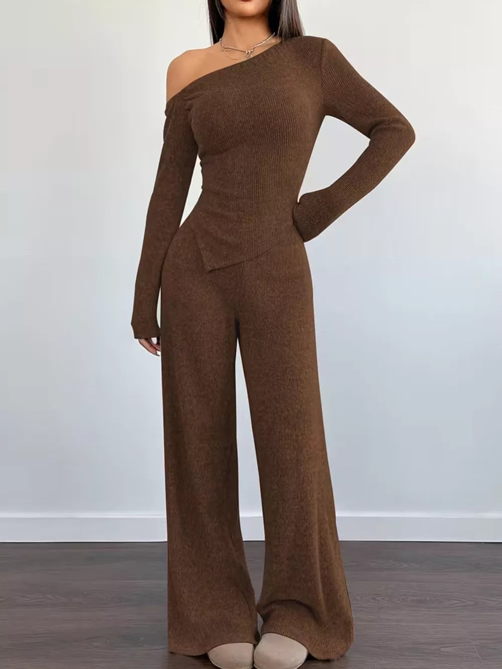 Chic One-shoulder Asymmetrical Top & Wide-leg Pants Set in Burgundy, view 13