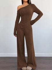 Chic One-shoulder Asymmetrical Top & Wide-leg Pants Set in Burgundy, view 13