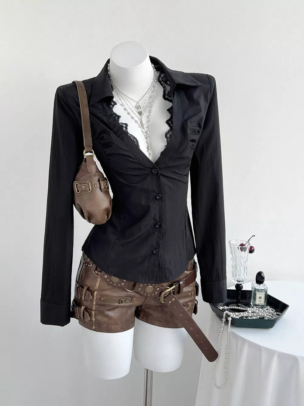 Black lace-trimmed V-neck button-down maternity shirt with ruched detail