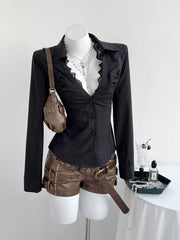 Black lace-trimmed V-neck button-down maternity shirt with ruched detail