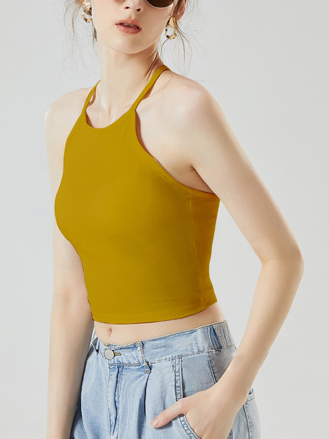 Mustard ribbed racerback crop top with halter neckline