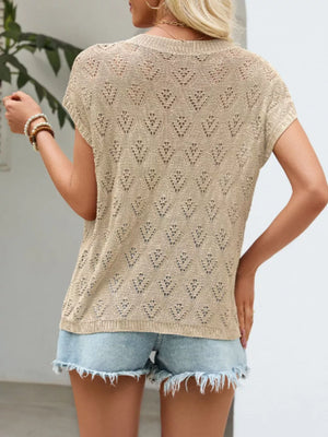 Khaki openwork knit top with diamond pattern and short sleeves.