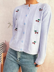 Light blue cherry embroidered button up cardigan with scalloped hem and ruffles.