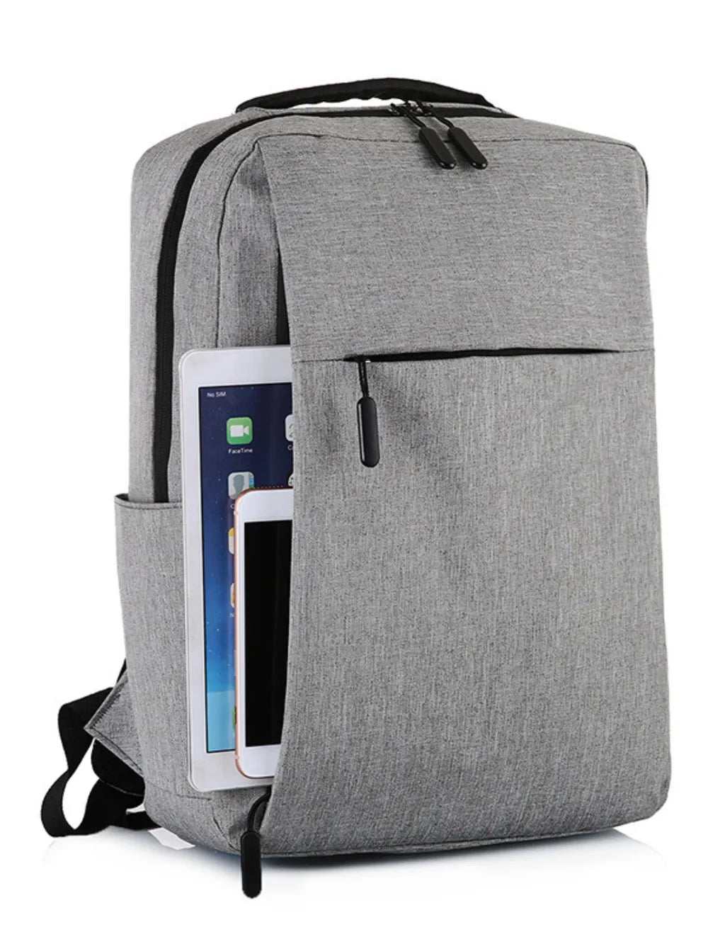 Light gray canvas backpack with front tablet pocket and dual zippers.