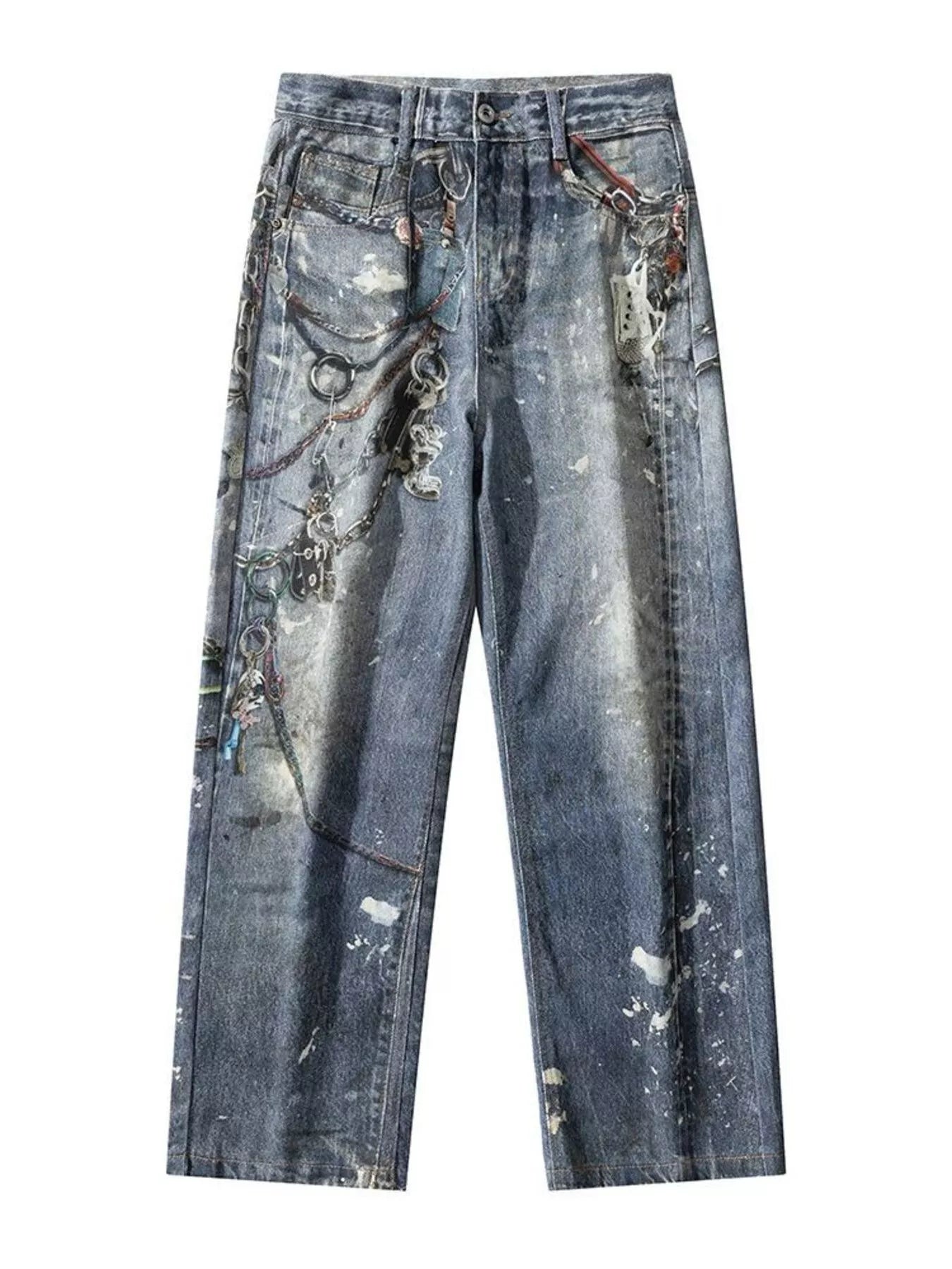 Men's wide-leg jeans in dusty blue denim with chain print and paint splatters.
