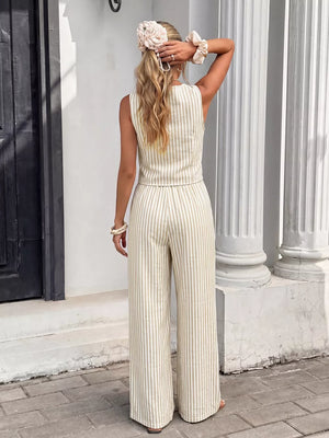 Chic striped two-piece vest and wide-leg pants set in cotton, women's casual outfit.