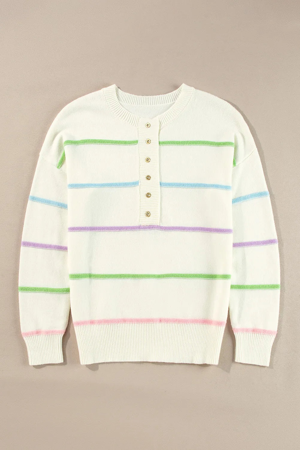 Ivory knit henley sweater with pastel stripes and button detail