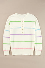 Ivory knit henley sweater with pastel stripes and button detail