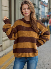 Chunky knit jumper with bold brown and tan stripes, crew neck, and relaxed fit.
