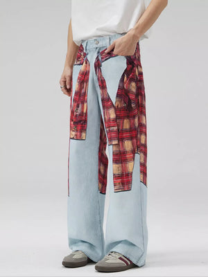 Men's light wash wide-leg jeans with red plaid patchwork details.