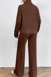 Ribbed knit turtleneck lounge set in chocolate brown, featuring long sleeves and wide-leg pants.