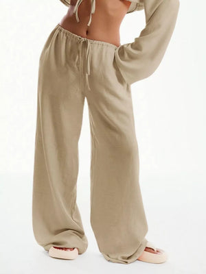 Tan relaxed wide-leg maternity pants with drawstring waist