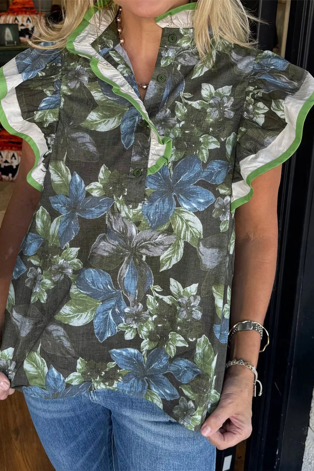 Botanical print cotton shirt with ruffle sleeves and green trim
