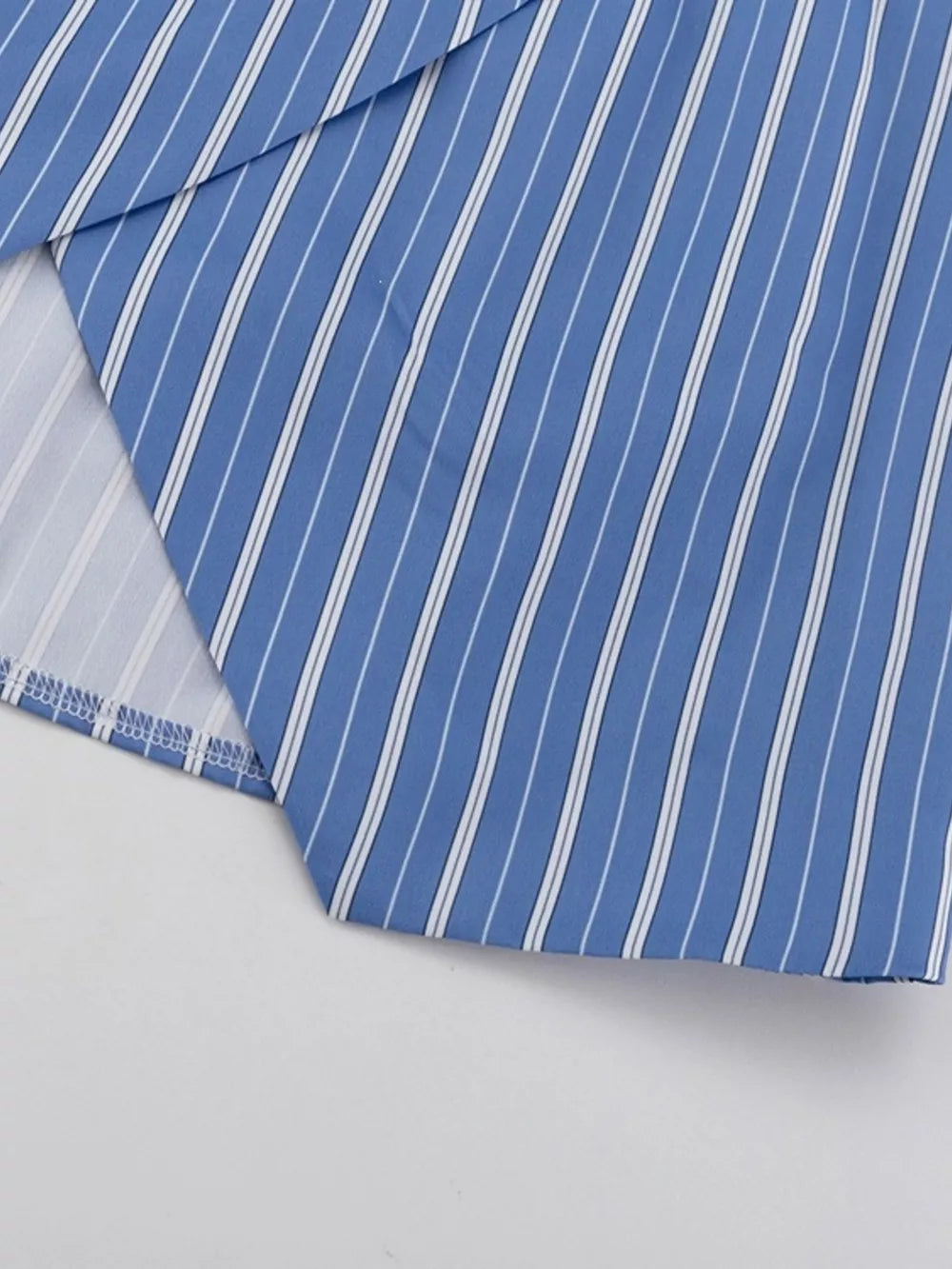 Striped Buttoned Shirt And Mini Skirt Set in Dusty Blue, editorial view