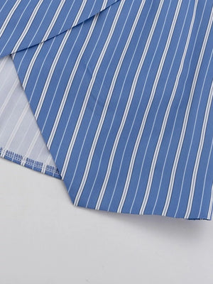 Striped Buttoned Shirt And Mini Skirt Set in Dusty Blue, editorial view
