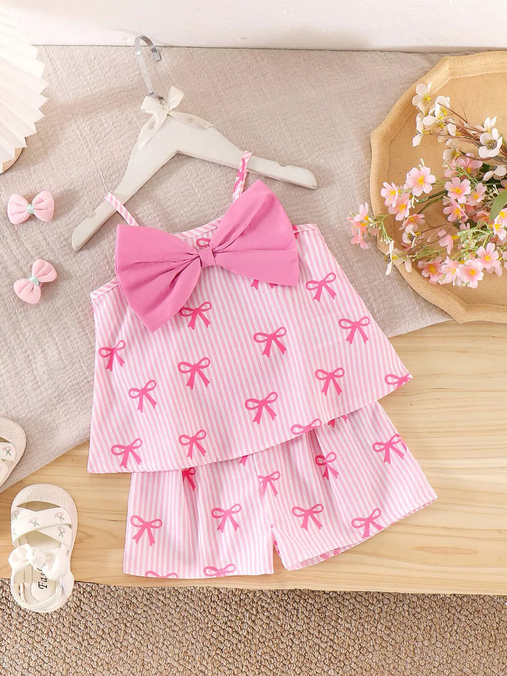 Children's Striped Bow Cami And Shorts Set in Pink, front view