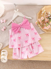 Children's Striped Bow Cami And Shorts Set in Pink, front view