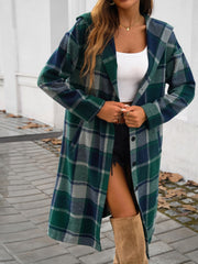 Checked plaid hooded duster coat in green and navy with button front and pockets.
