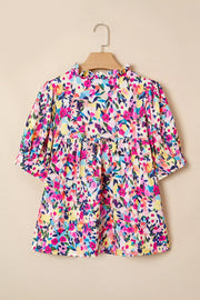 Flower Print Frilled Collar Puff Sleeve Blouse, fabric detail