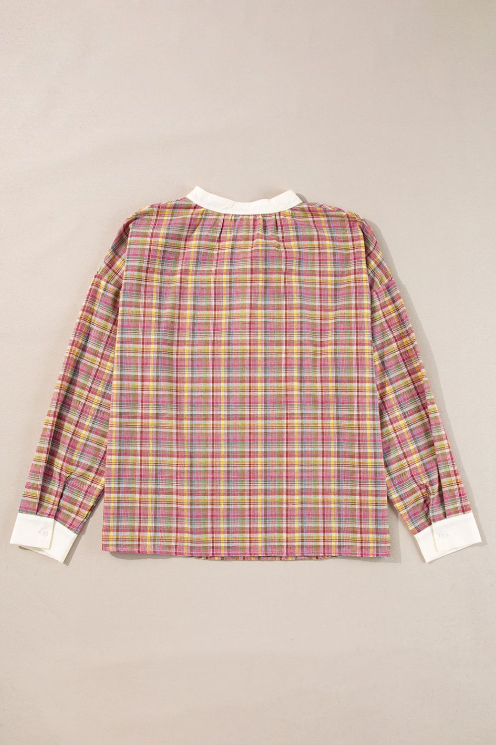 Bohemian plaid blouse in dusty pink with mandarin collar and white cuffs.