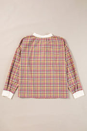 Bohemian plaid blouse in dusty pink with mandarin collar and white cuffs.