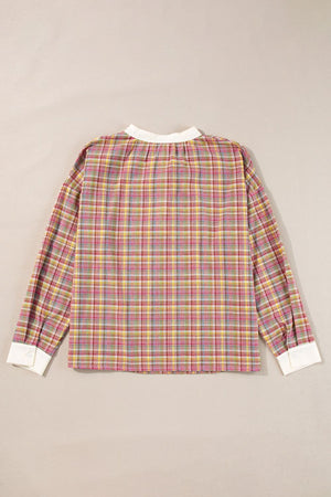 Bohemian plaid blouse in dusty pink with mandarin collar and white cuffs.