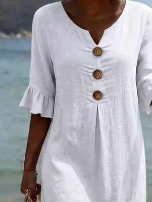 Full Size Casual Button Midi Dress With Ruffle Sleeves in Yellow, side view