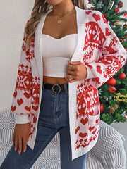 Festive white and deep red jacquard open-front cardigan with heart and snowflake pattern.