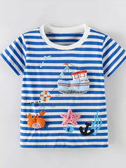 Children's blue and white striped short sleeve tee with nautical applique details.