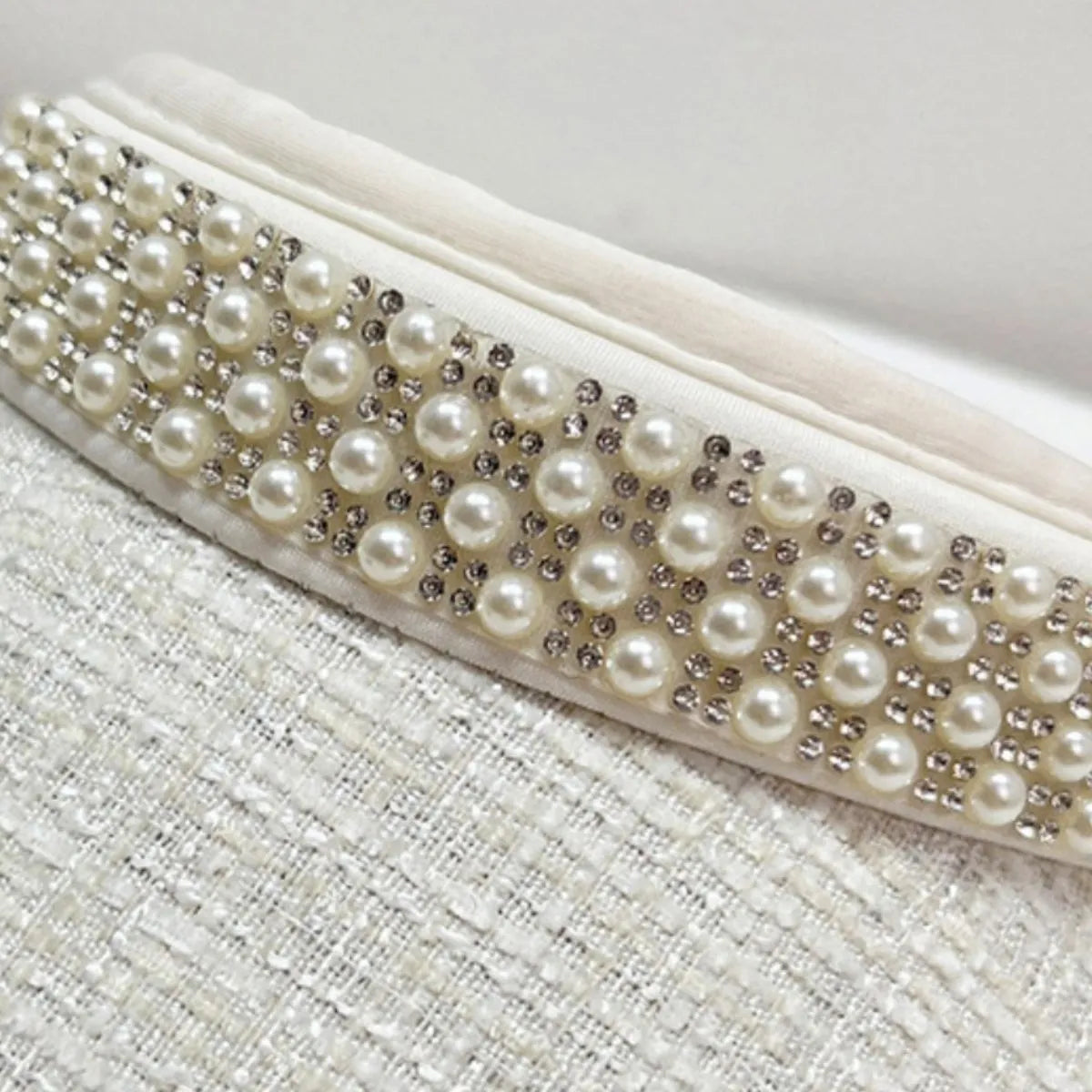 White tweed visor with pearl and rhinestone embellished band
