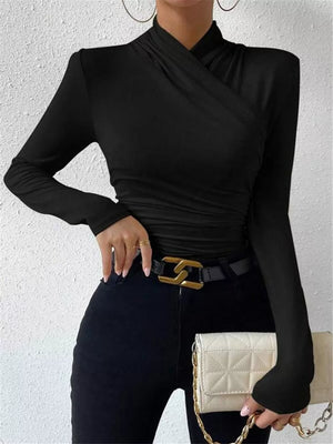 Ruched Long Sleeve Slim Fit Top in Black, editorial view