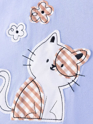 Children's light blue t-shirt with applique cat and gingham flowers.