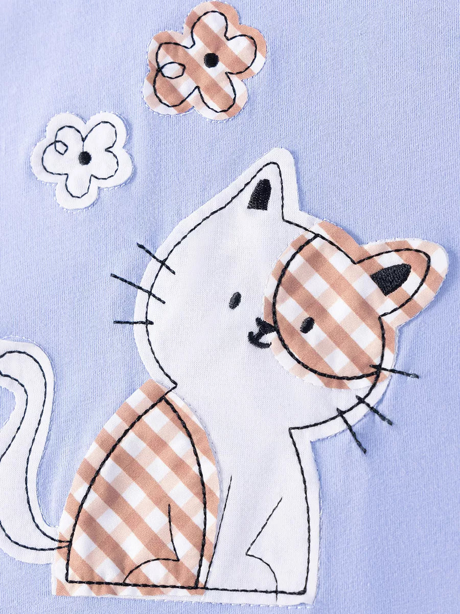 Children's light blue t-shirt with applique cat and gingham flowers.