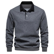 Dark Gray long sleeve polo sweatshirt with black collar and two button placket.