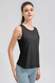 Black performance tank top with curved back panel detail and round neckline.