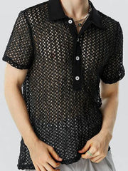 Black openwork mesh polo shirt with short sleeves and button placket.
