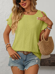 Yellow-green eyelet knit blouse with ruffled short sleeves and a scoop neckline.