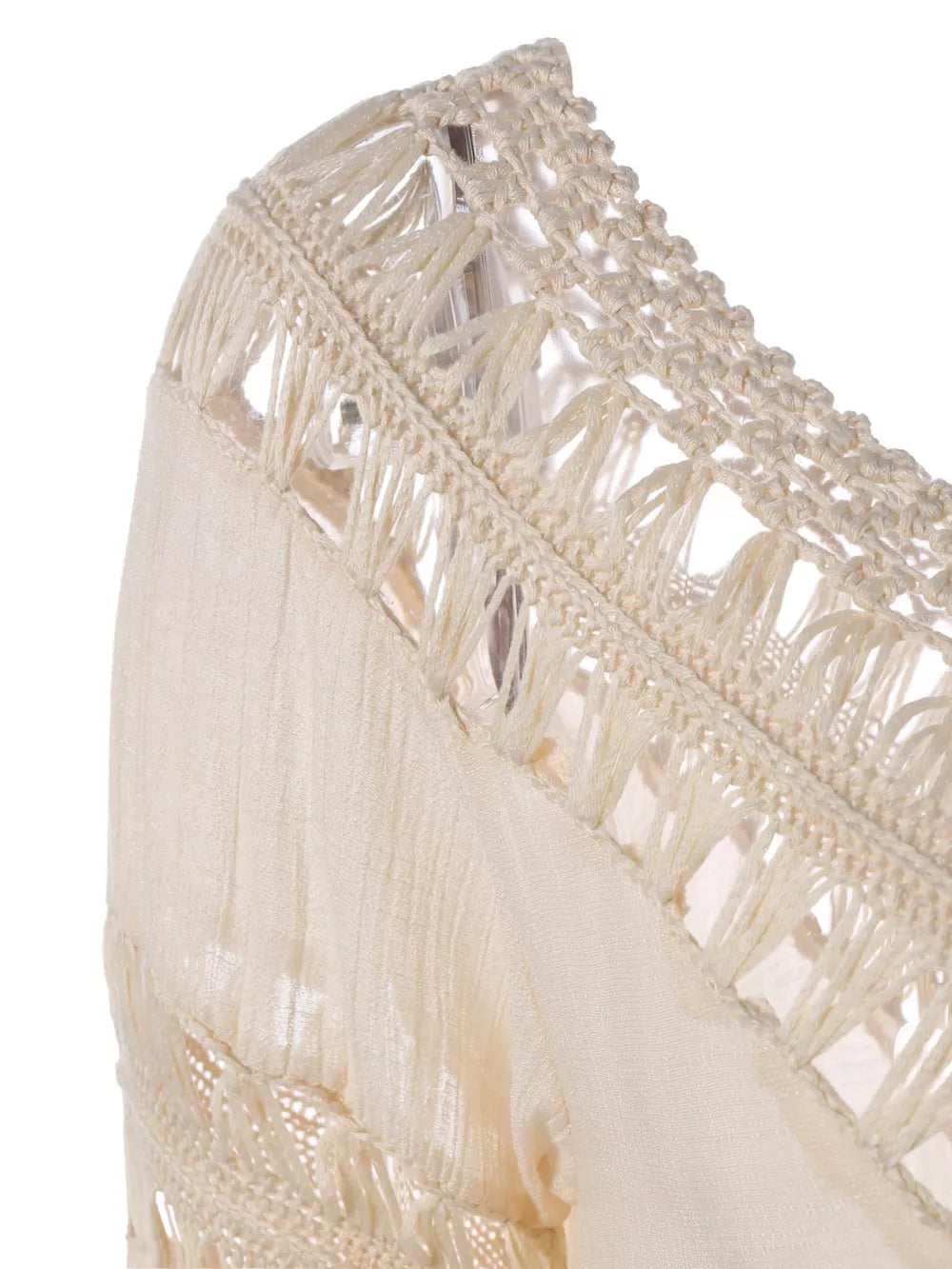 Apricot crochet-trimmed flowy cover-up with fringe detail.